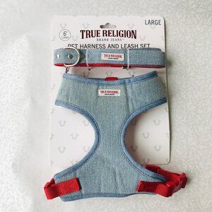 True Religion Pet Harness & Leash Set  Light Blue /Red Lined   Size : L